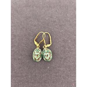Egyptian Motif Cabochon Drop Earrings Earthy Green Blue Gold Tone Dangle Drop